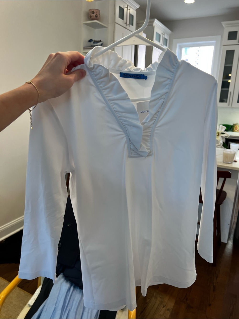 J. McLaughlin White Ruffle V-Neck Long Sleeve Top